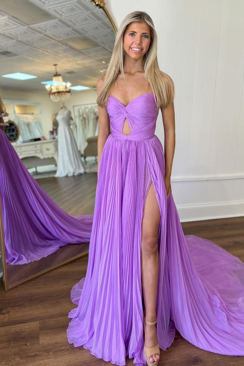 Purple A-Line Strapless Pleated Chiffon Long Formal Dress with Slit