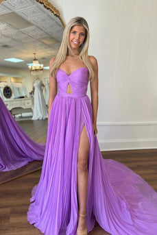 Purple A-Line Strapless Pleated Chiffon Long Formal Dress with Slit