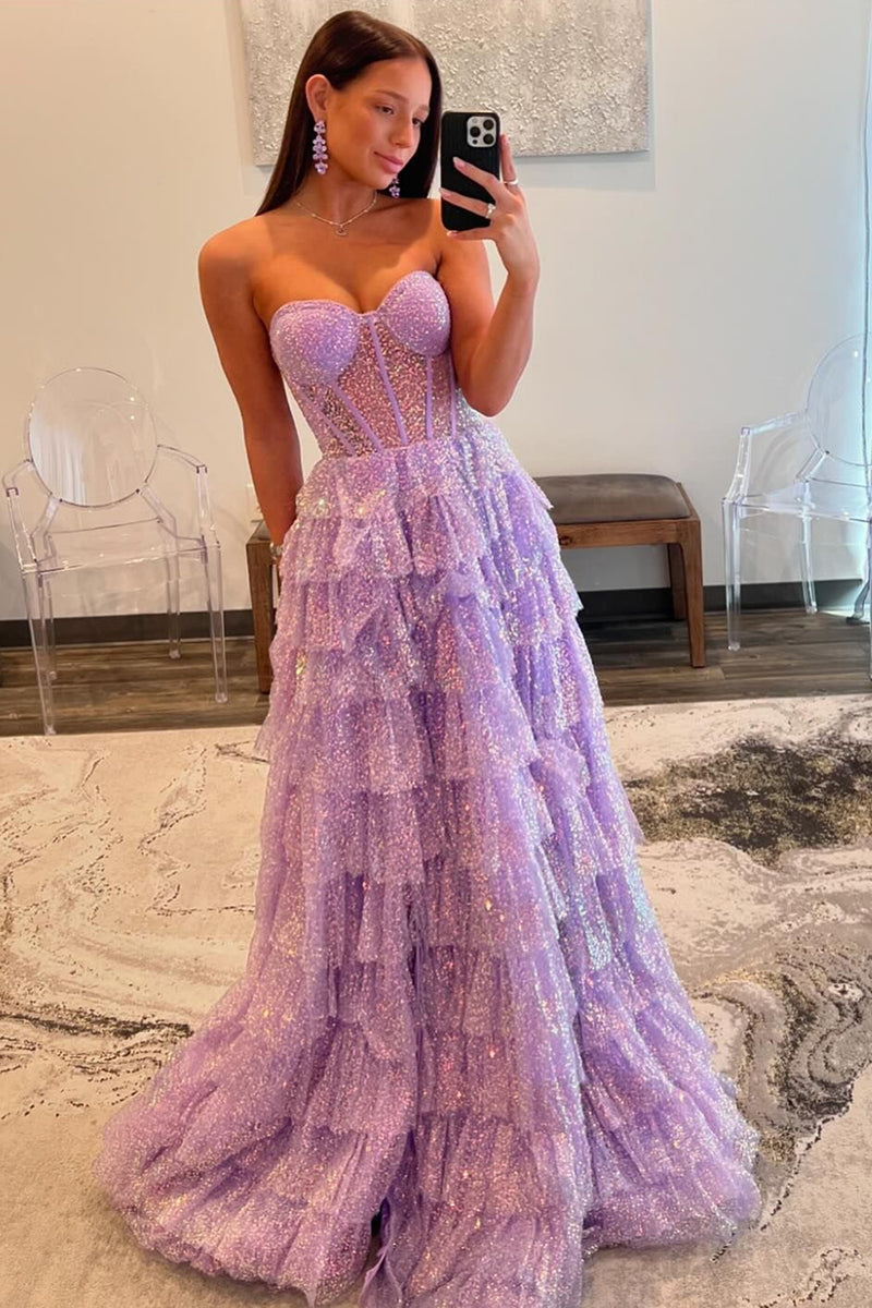 Load image into Gallery viewer, Sparkly Purple Corset Tiered Long Formal Dress with Slit