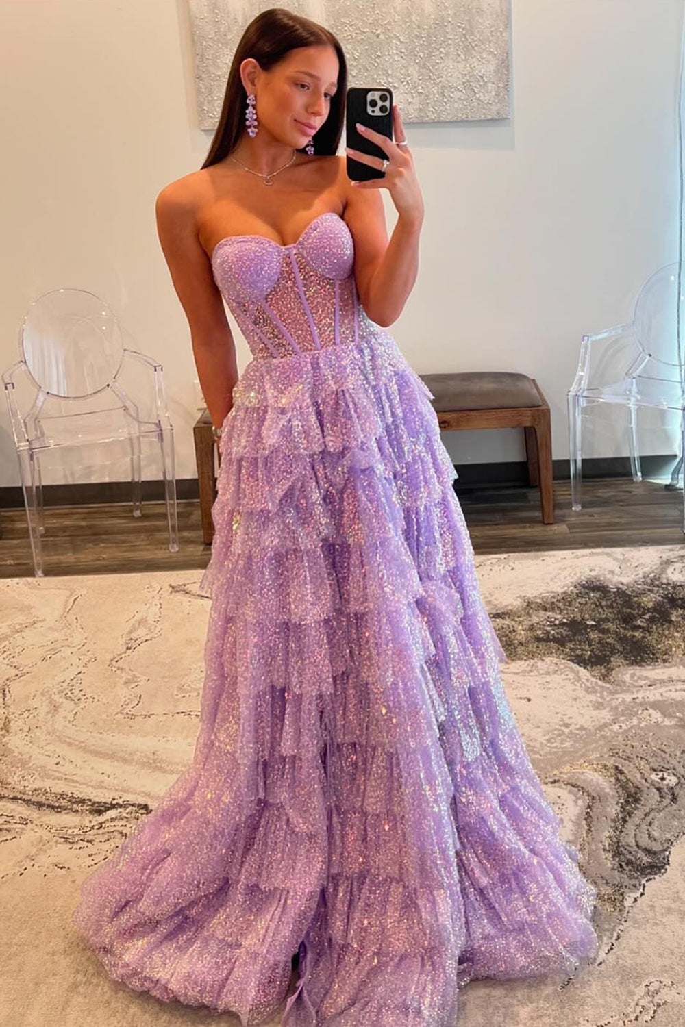 Sparkly Purple Corset Tiered Long Formal Dress with Slit