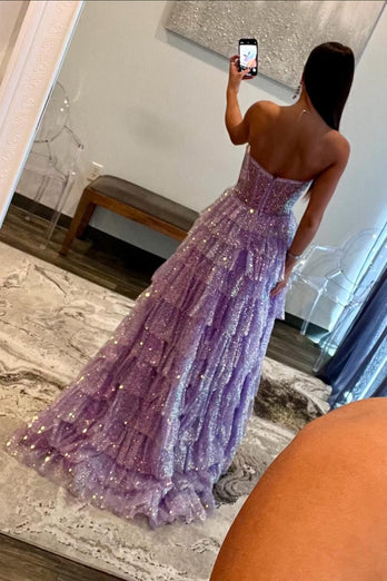 Sparkly Purple Corset Tiered Long Formal Dress with Slit