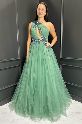 Green Floral One Shoulder Keyhole Long Formal Dress