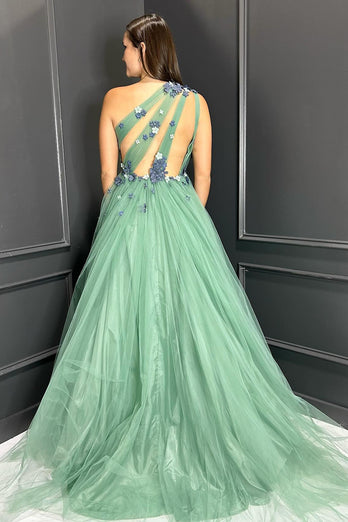 Green Floral One Shoulder Keyhole Long Formal Dress