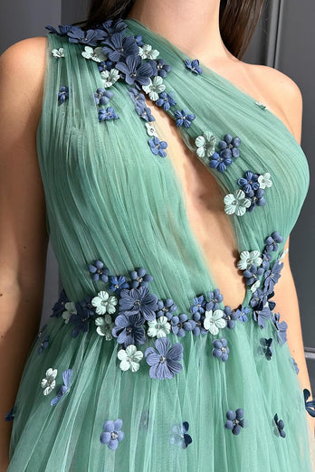 Green Floral One Shoulder Keyhole Long Formal Dress