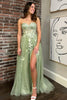 Load image into Gallery viewer, Green Floral Strapless Corset Long Formal Dress with Slit