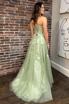 Green Floral Strapless Corset Long Formal Dress with Slit