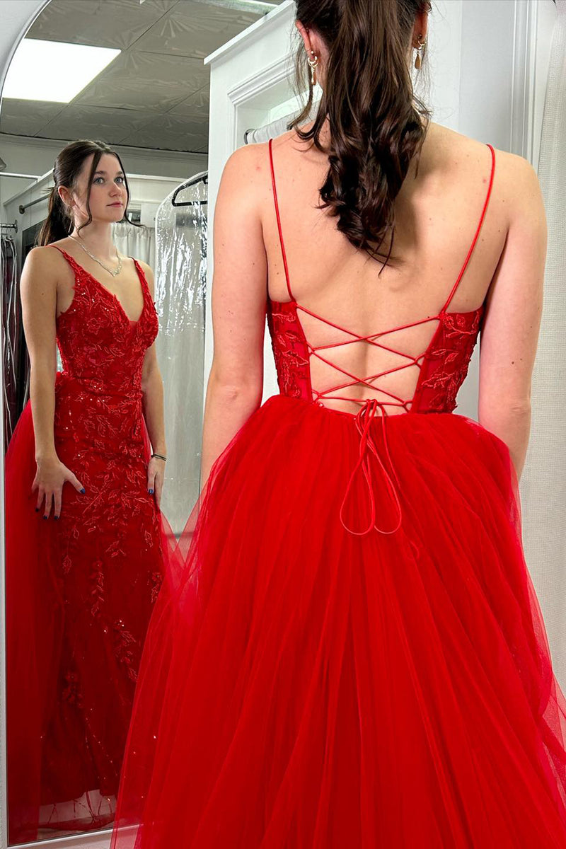 Load image into Gallery viewer, Sparkly Red Mermaid Appliqued Long Formal Dress