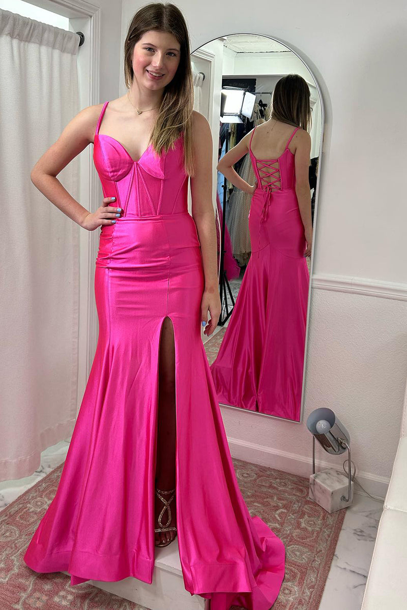 Load image into Gallery viewer, Fuchsia Corset Spaghetti Straps Long Satin Formal Dress