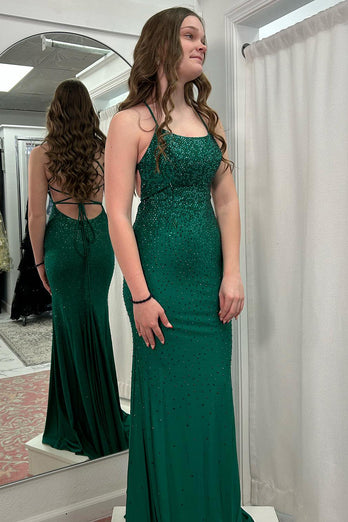 Sparkly Dark Green Mermaid Long Satin Formal Dress with Beading