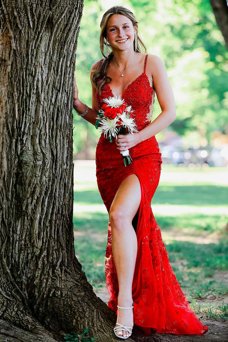 Load image into Gallery viewer, Sparkly Red Spaghetti Straps Mermaid Long Formal Dress with Slit