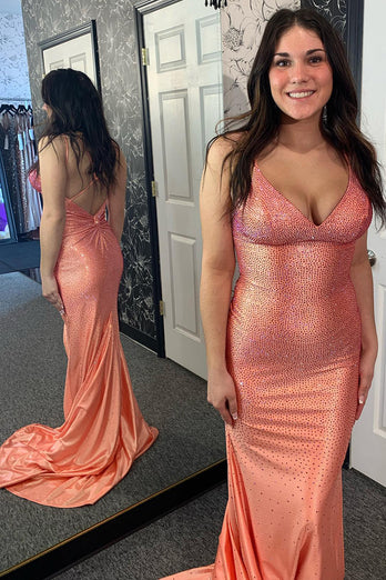 Sparkly Orange Spaghetti Straps Long Formal Dress with Beading