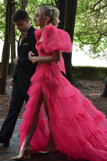 Sparkly Fuchsia Puff Sleeves 2 Piece Long Formal Dress