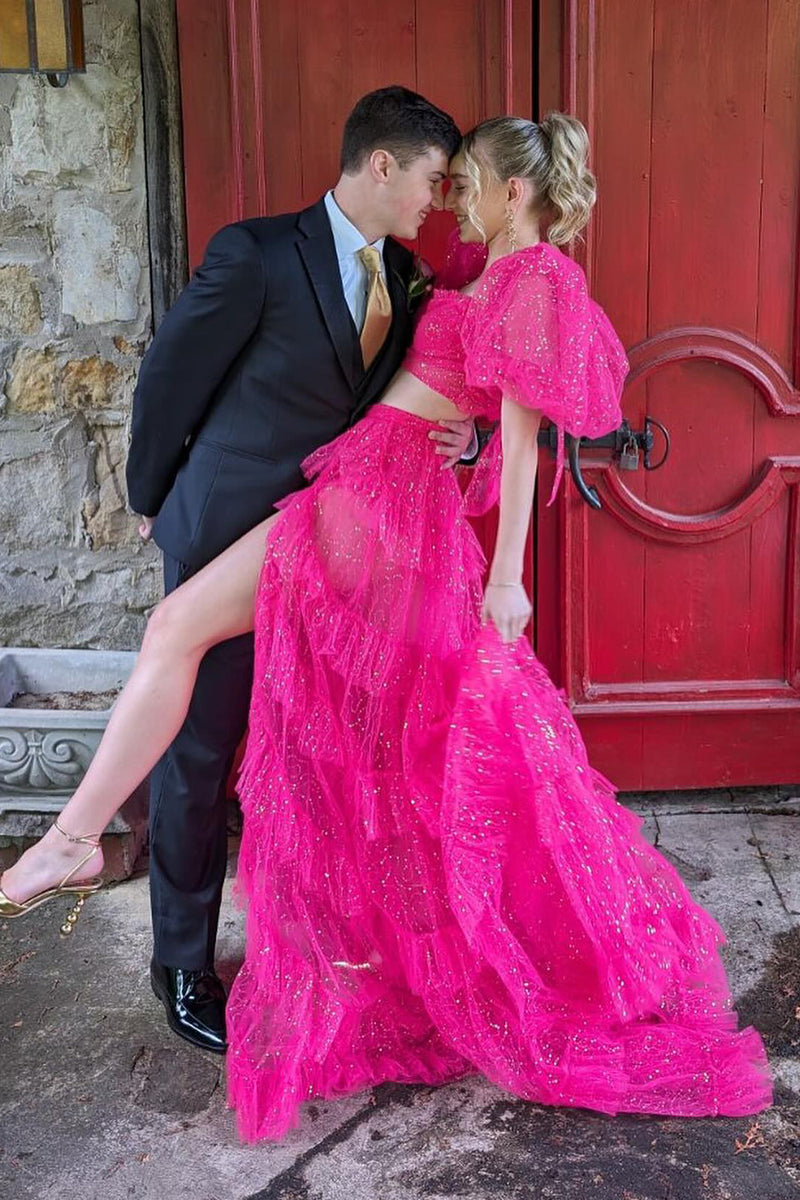 Load image into Gallery viewer, Sparkly Fuchsia Puff Sleeves 2 Piece Long Formal Dress