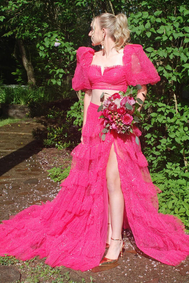 Load image into Gallery viewer, Sparkly Fuchsia Puff Sleeves 2 Piece Long Formal Dress