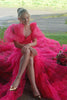 Load image into Gallery viewer, Sparkly Fuchsia Puff Sleeves 2 Piece Long Formal Dress