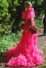 Load image into Gallery viewer, Sparkly Fuchsia Puff Sleeves 2 Piece Long Formal Dress