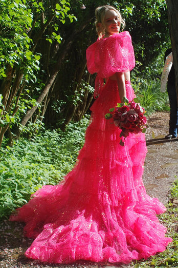 Sparkly Fuchsia Puff Sleeves 2 Piece Long Formal Dress