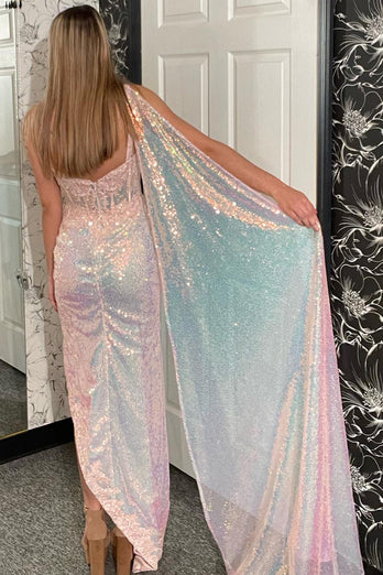 Sparkly Light Pink Corset Sequined Long Formal Dress