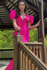 Load image into Gallery viewer, Fuchsia Mermaid Puff Sleeves V-Neck Long Formal Dress