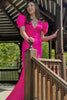 Load image into Gallery viewer, Fuchsia Mermaid Puff Sleeves V-Neck Long Formal Dress