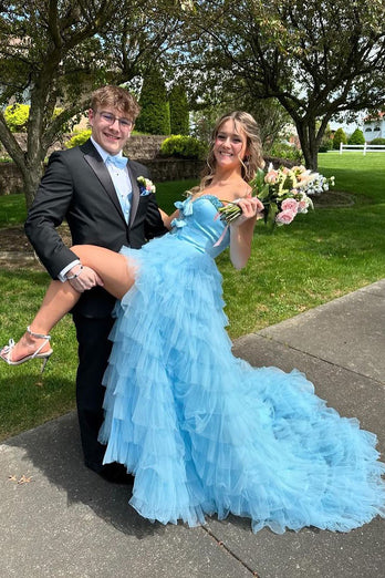 Sparkly Light Blue A-Line Tiered Long Formal Dress