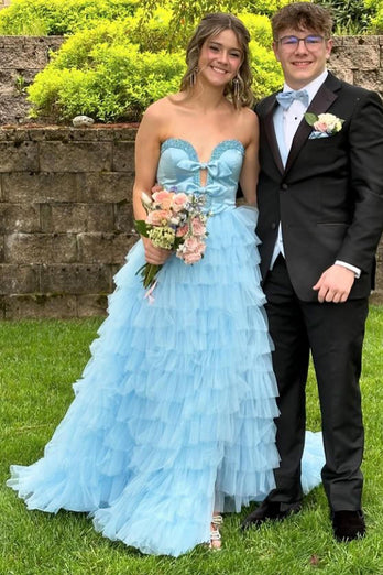 Sparkly Light Blue A-Line Tiered Long Formal Dress