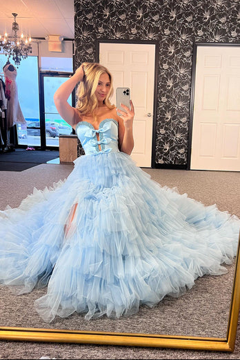 Sparkly Light Blue A-Line Tiered Long Formal Dress