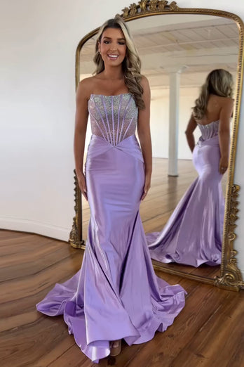 Sparkly Lilac Mermaid Corset Beaded Long Formal Dress