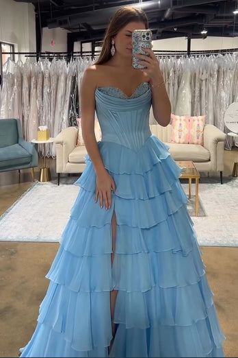 Blue Corset Ruffled Long Chiffon Formal Dress with Slit