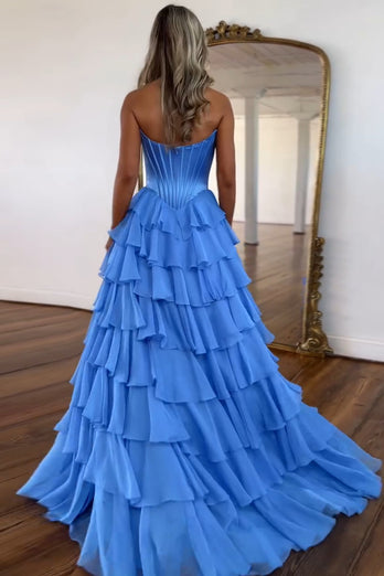 Spark Blue Corset Ruffled Long Formal Dress