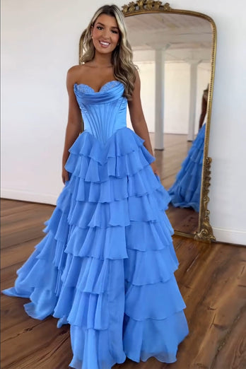 Spark Blue Corset Ruffled Long Formal Dress