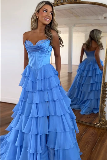 Spark Blue Corset Ruffled Long Formal Dress