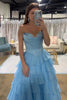 Load image into Gallery viewer, Blue Corset Ruffled Long Chiffon Formal Dress with Slit