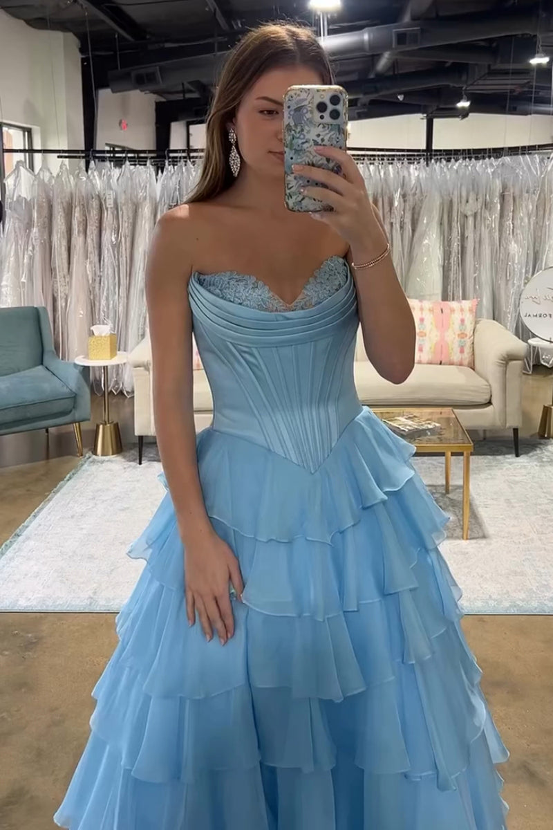 Load image into Gallery viewer, Blue Corset Ruffled Long Chiffon Formal Dress with Slit