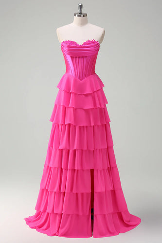 Fuchsia A Line Strapless Chiffon Corset Long Formal Dress with Slit