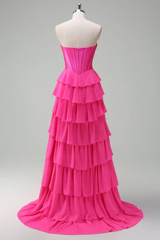 Fuchsia A Line Strapless Chiffon Corset Long Formal Dress with Slit