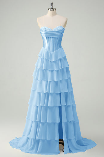 Spark Blue Corset Ruffled Long Formal Dress