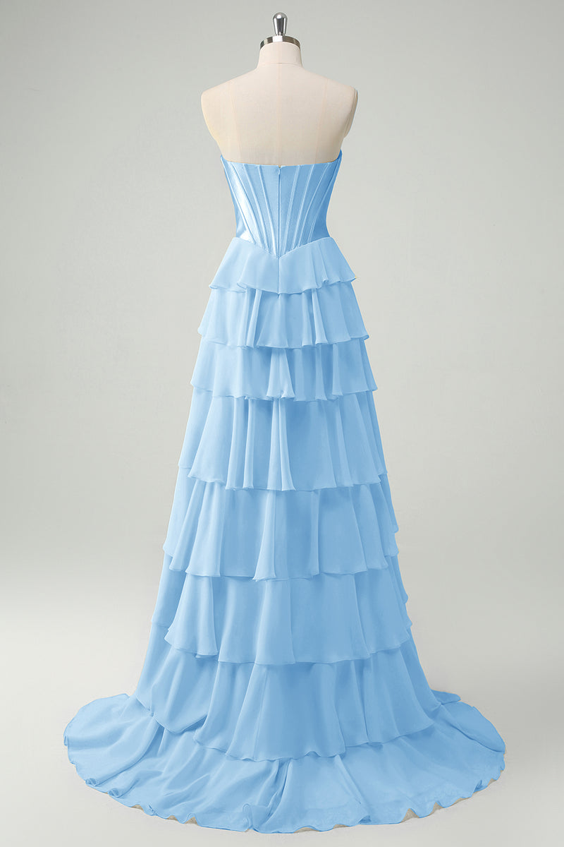 Load image into Gallery viewer, Spark Blue Corset Ruffled Long Formal Dress