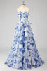 Load image into Gallery viewer, Blue Sweetheart Corset Ruffled Floral Print Long Formal Dress