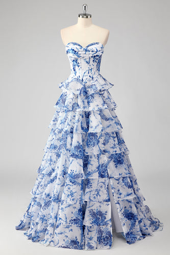 Blue Sweetheart Corset Ruffled Floral Print Long Formal Dress