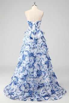 Blue Sweetheart Corset Ruffled Floral Print Long Formal Dress