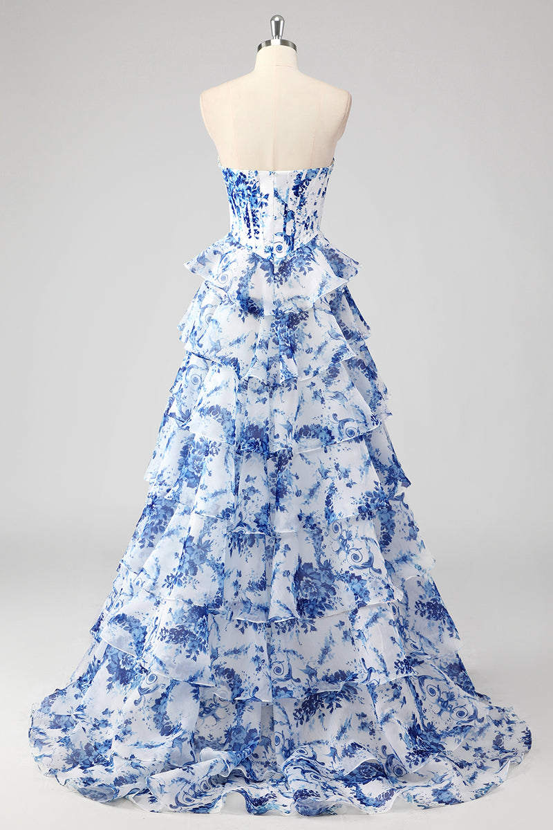 Load image into Gallery viewer, Blue Sweetheart Corset Ruffled Floral Print Long Formal Dress