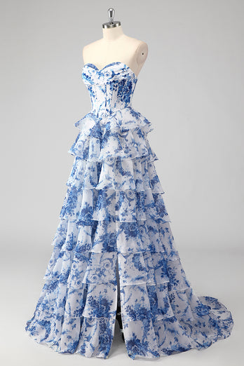 Blue Sweetheart Corset Ruffled Floral Print Long Formal Dress