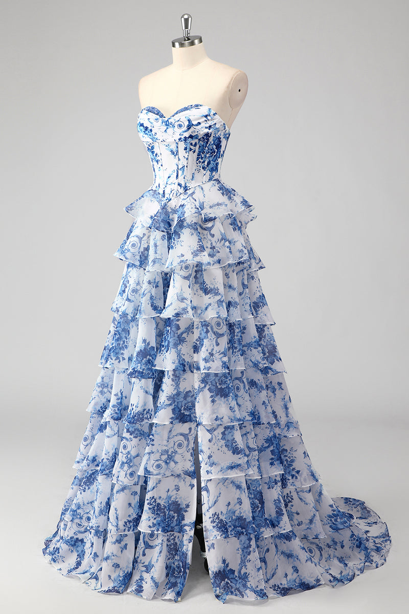 Load image into Gallery viewer, Blue Sweetheart Corset Ruffled Floral Print Long Formal Dress