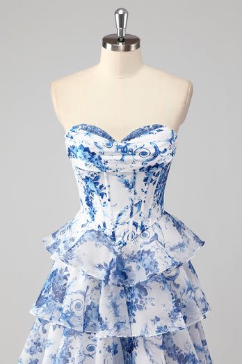 Blue Sweetheart Corset Ruffled Floral Print Long Formal Dress