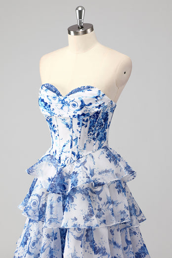 Blue Sweetheart Corset Ruffled Floral Print Long Formal Dress