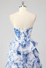 Load image into Gallery viewer, Blue Sweetheart Corset Ruffled Floral Print Long Formal Dress