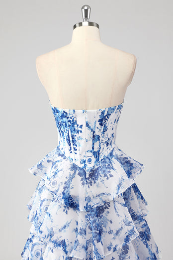 Blue Sweetheart Corset Ruffled Floral Print Long Formal Dress