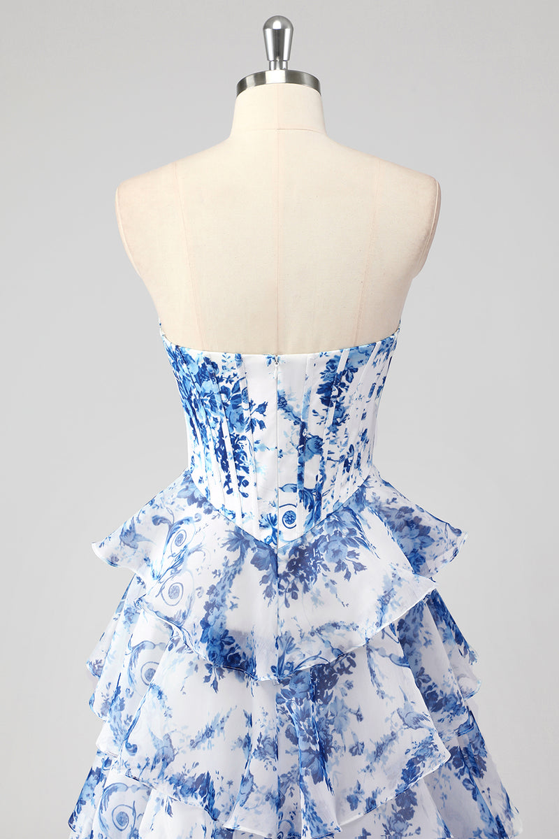 Load image into Gallery viewer, Blue Sweetheart Corset Ruffled Floral Print Long Formal Dress