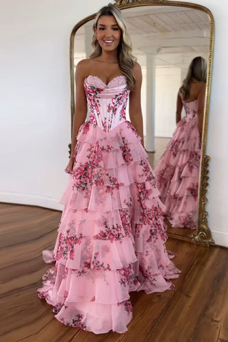 Blush Corset Ruffled Floral Print Long Formal Dress